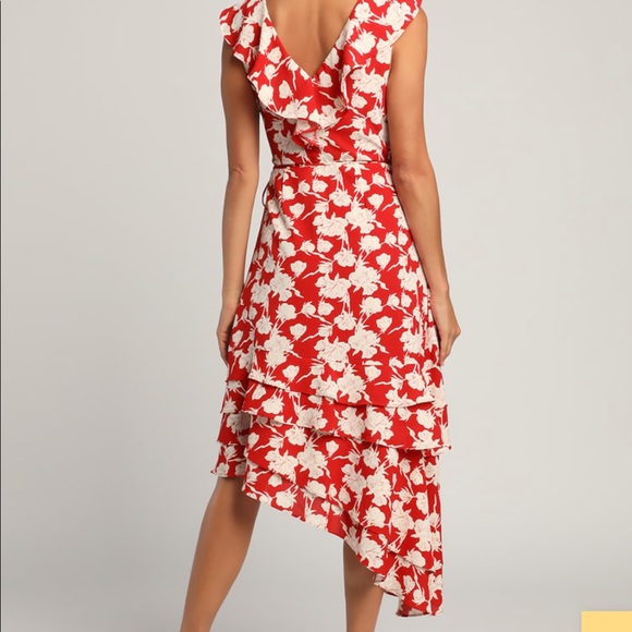 Lulu’s All the Lovely Days Red Floral Print Asymmetrical Wrap Dress - Picture 2 of 4